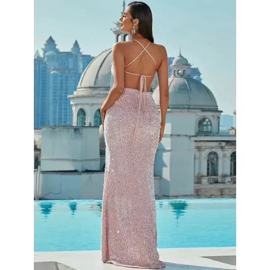 Evening Wrap Sequined Backless Dress