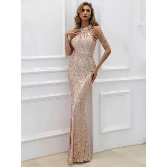 Evening Sleeveless Wrap Sequined Dress