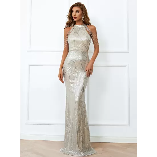 Evening Sleeveless Wrap Sequined Dress