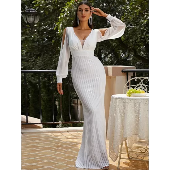 Evening Long Sleeves Wrap Solid V-Neck Dress