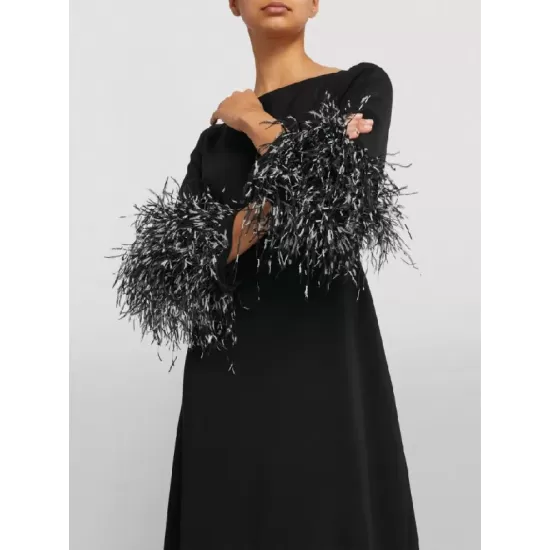 Elegant Simple Black And White Feather Long Sleeve Party Dress