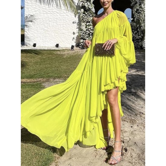 Irregularity Loose Pleated Solid Color One-Shoulder Maxi Dresses