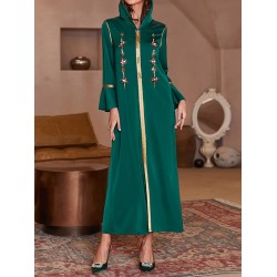 Rhine Stones Split-Front A-Line Flared Sleeves V-Neck Maxi Dresses