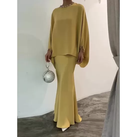 Batwing Sleeves Pearl Solid Color Round-Neck Shirts&Skirts Suits