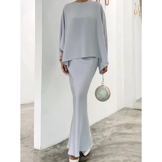 Batwing Sleeves Pearl Solid Color Round-Neck Shirts&Skirts Suits