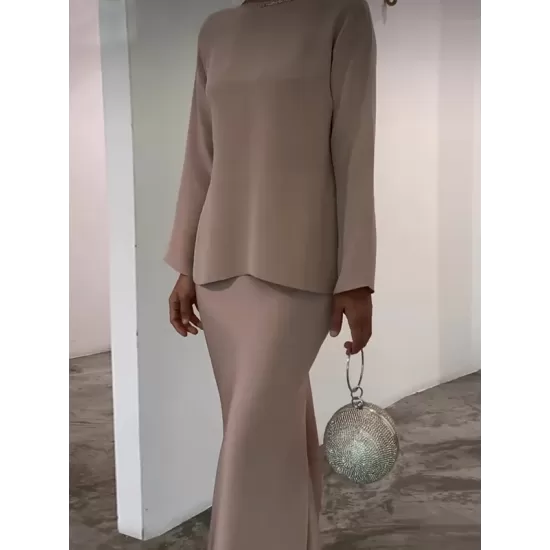 Batwing Sleeves Pearl Solid Color Round-Neck Shirts&Skirts Suits