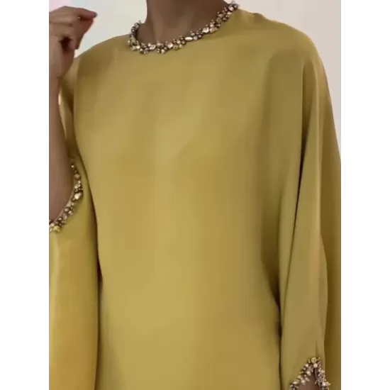 Batwing Sleeves Pearl Solid Color Round-Neck Shirts&Skirts Suits