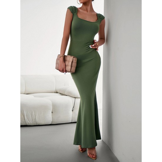 Solid Color High Waisted Mermaid Square-Neck Maxi Dresses