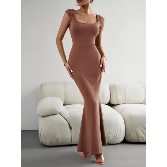 Solid Color High Waisted Mermaid Square-Neck Maxi Dresses