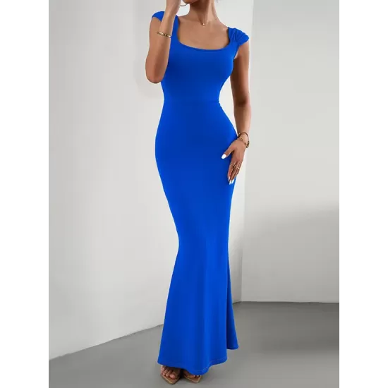 Solid Color High Waisted Mermaid Square-Neck Maxi Dresses