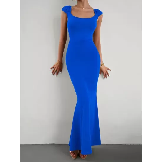 Solid Color High Waisted Mermaid Square-Neck Maxi Dresses