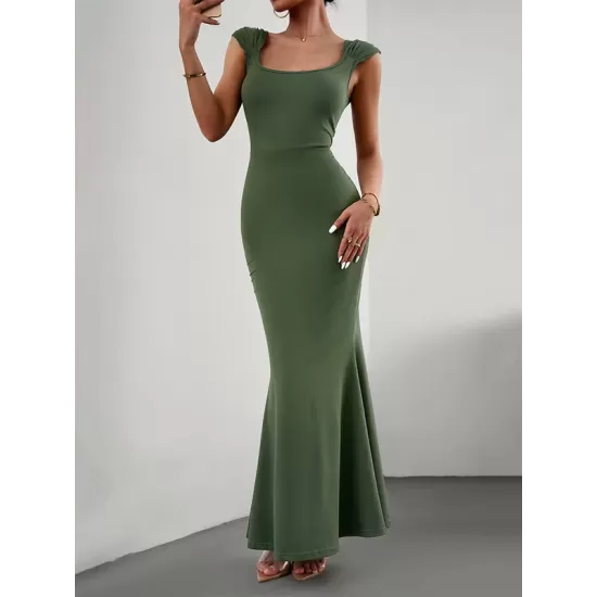 Solid Color High Waisted Mermaid Square-Neck Maxi Dresses