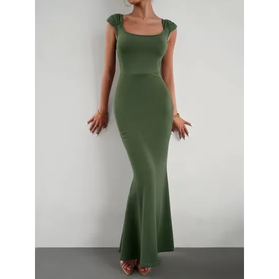 Solid Color High Waisted Mermaid Square-Neck Maxi Dresses