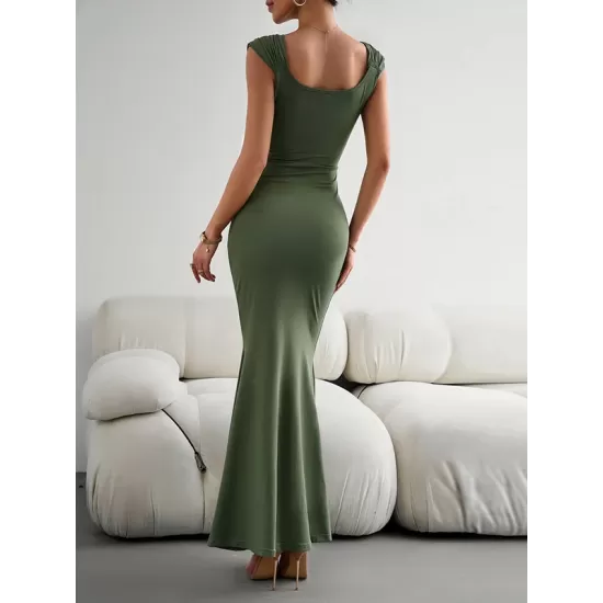 Solid Color High Waisted Mermaid Square-Neck Maxi Dresses