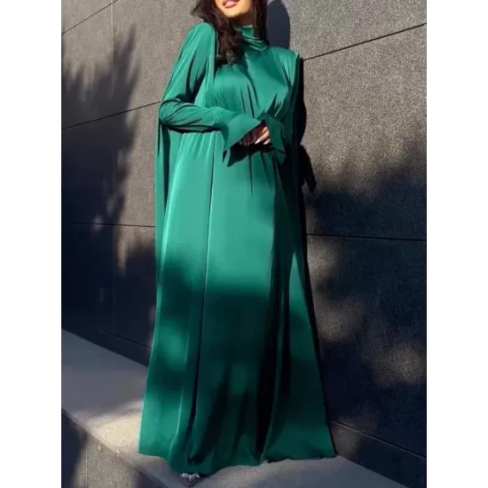 Solid Color Flared Sleeves Long Sleeves High-neck Maxi Dresses