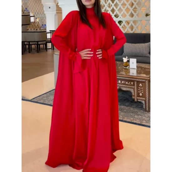 Solid Color Flared Sleeves Long Sleeves High-neck Maxi Dresses