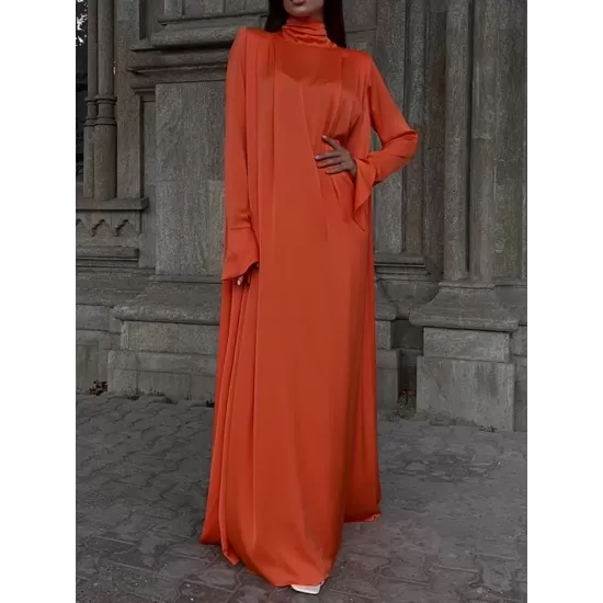 Solid Color Flared Sleeves Long Sleeves High-neck Maxi Dresses