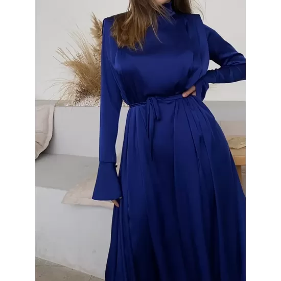 Solid Color Flared Sleeves Long Sleeves High-neck Maxi Dresses