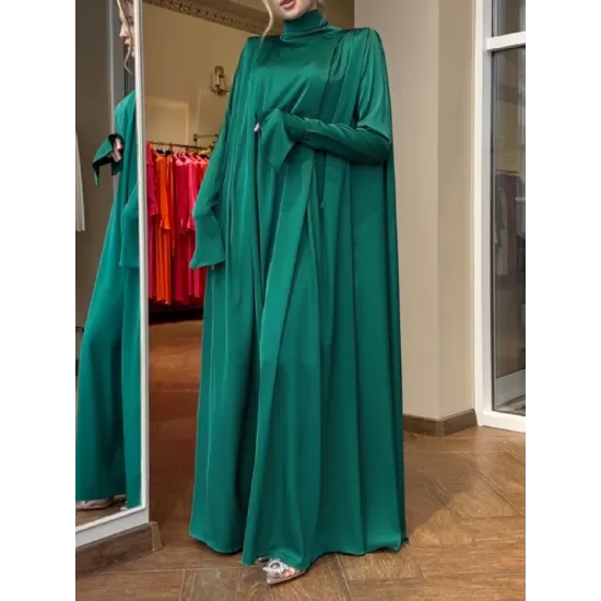 Solid Color Flared Sleeves Long Sleeves High-neck Maxi Dresses