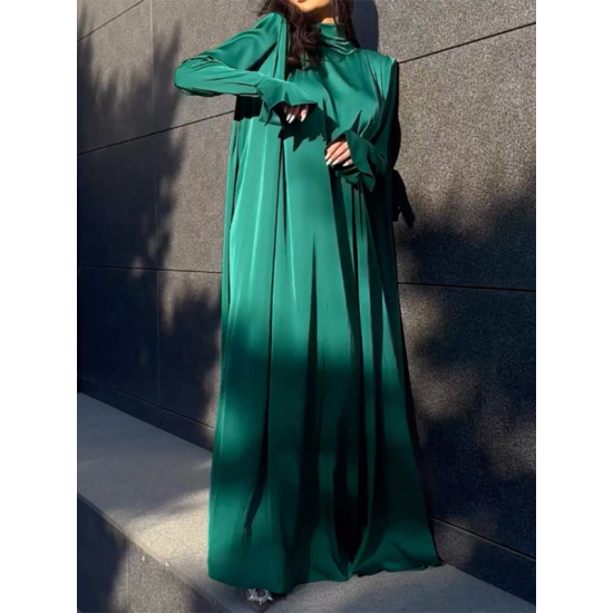 Solid Color Flared Sleeves Long Sleeves High-neck Maxi Dresses