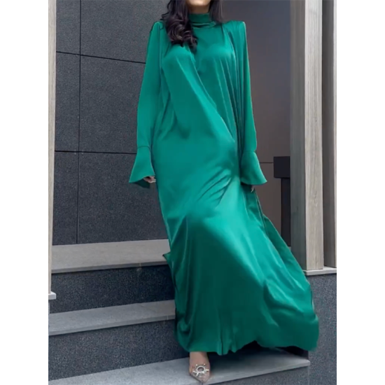 Solid Color Flared Sleeves Long Sleeves High-neck Maxi Dresses