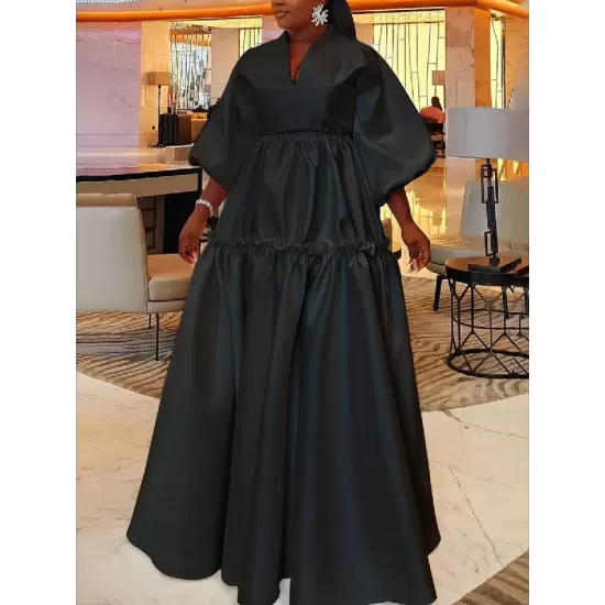 High Waisted Puff Sleeves Falbala Solid Color V-Neck Maxi Dresses