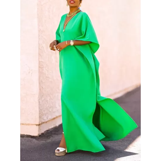 Batwing Sleeves Loose Solid Color Split-Side V-Neck Maxi Dresses