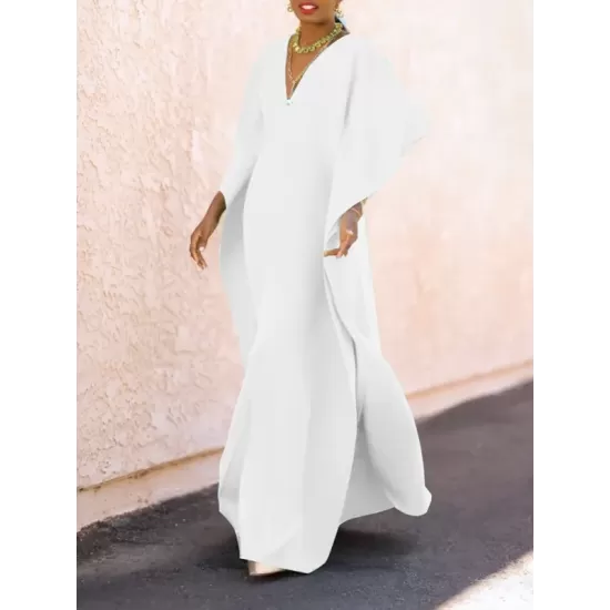 Batwing Sleeves Loose Solid Color Split-Side V-Neck Maxi Dresses