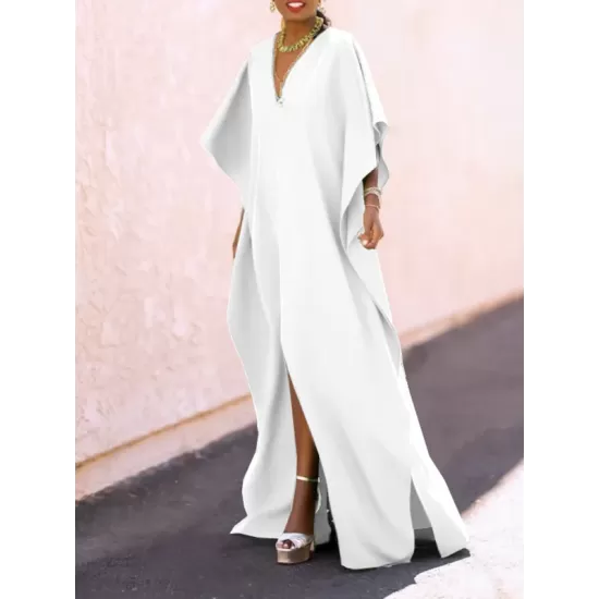 Batwing Sleeves Loose Solid Color Split-Side V-Neck Maxi Dresses