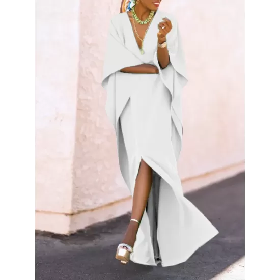 Batwing Sleeves Loose Solid Color Split-Side V-Neck Maxi Dresses