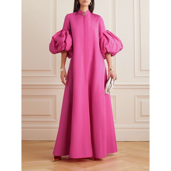 Loose Flower Shape Solid Color Stand Collar Lantern Sleeves Maxi Dresses