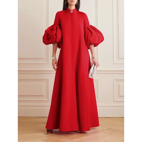 Loose Flower Shape Solid Color Stand Collar Lantern Sleeves Maxi Dresses