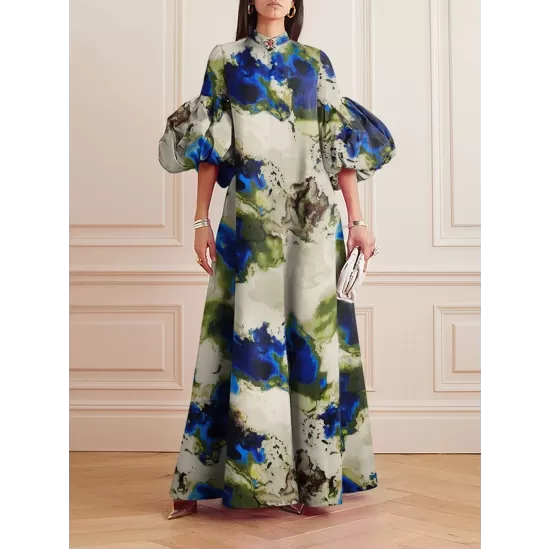 Loose Flower Shape Solid Color Stand Collar Lantern Sleeves Maxi Dresses