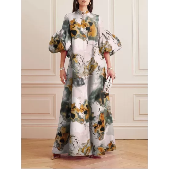 Loose Flower Shape Solid Color Stand Collar Lantern Sleeves Maxi Dresses