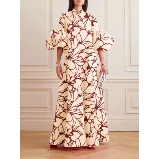 Loose Flower Shape Solid Color Stand Collar Lantern Sleeves Maxi Dresses