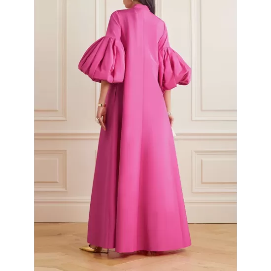 Loose Flower Shape Solid Color Stand Collar Lantern Sleeves Maxi Dresses