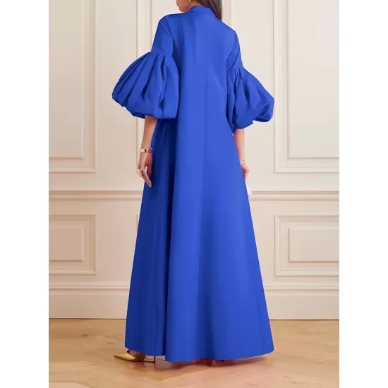 Loose Flower Shape Solid Color Stand Collar Lantern Sleeves Maxi Dresses