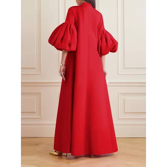 Loose Flower Shape Solid Color Stand Collar Lantern Sleeves Maxi Dresses