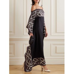 Bandage Contrast Color Printed Loose Spaghetti-Neck Maxi Dresses