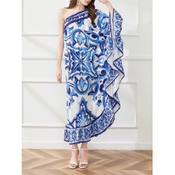 Asymmetric Falbala Floral Printed Batwing Sleeves Loose One-shoulder Midi Dresses