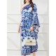 Asymmetric Falbala Floral Printed Batwing Sleeves Loose One-shoulder Midi Dresses