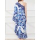 Asymmetric Falbala Floral Printed Batwing Sleeves Loose One-shoulder Midi Dresses