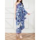 Asymmetric Falbala Floral Printed Batwing Sleeves Loose One-shoulder Midi Dresses