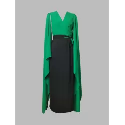 Batwing Sleeves Bandage Contrast Color Split-Front Zipper V-Neck Evening Dresses