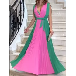 Contrast Color Pleated Sleeveless V-neck Maxi Dresses