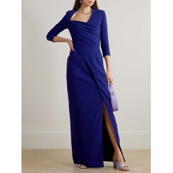 Asymmetric Pleated Solid Color Split-side Zipper Long Sleeves Skinny Maxi Dresses Evening Dresses