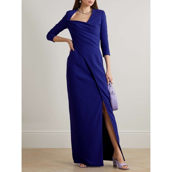 Asymmetric Pleated Solid Color Split-side Zipper Long Sleeves Skinny Maxi Dresses Evening Dresses