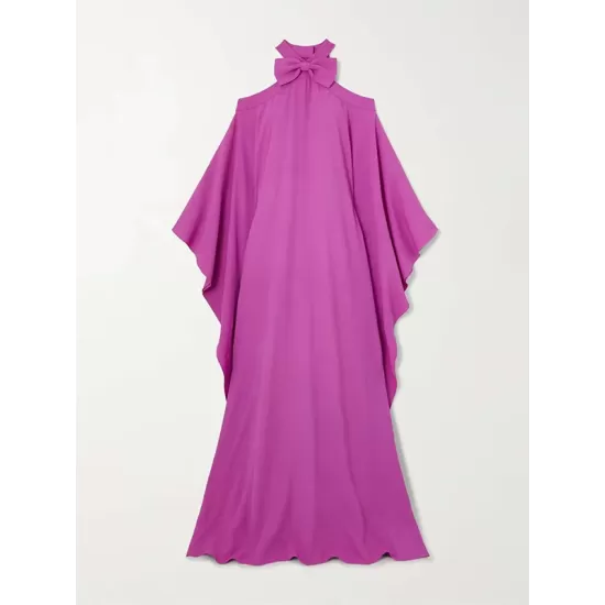 Bow-Embellished Hollow Solid Color Batwing Sleeves Loose Cold Shoulder Maxi Dresses