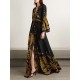 Contrast Color Printed Split-Front Flared Sleeves Loose Maxi Dresses