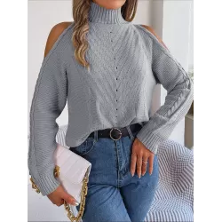 Solid Color Split-Joint Long Sleeves Loose Cold Shoulder Sweater Tops